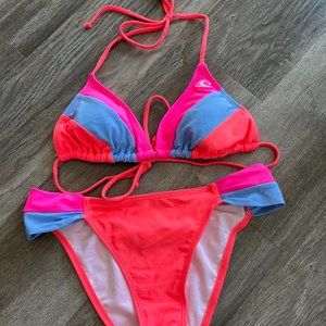 O'Neill Plaidtastic Pink & Orange Triangle Top Swimwear Bikini Set Size Medium